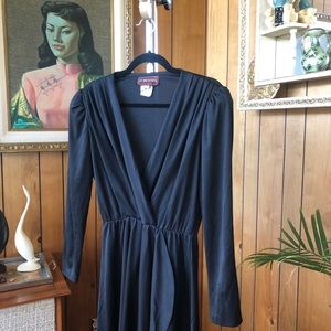 Vintage Dresses - Vintage Faux Wrap Black Secretary Disco Dress Vintage Dresses - Vintage Faux Wrap Black Secretary Disco Dress